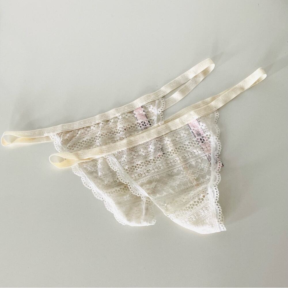 NEW Bundle TWO Lot Set Lace Sheer Cream White Thong Panties Undies Underwear M